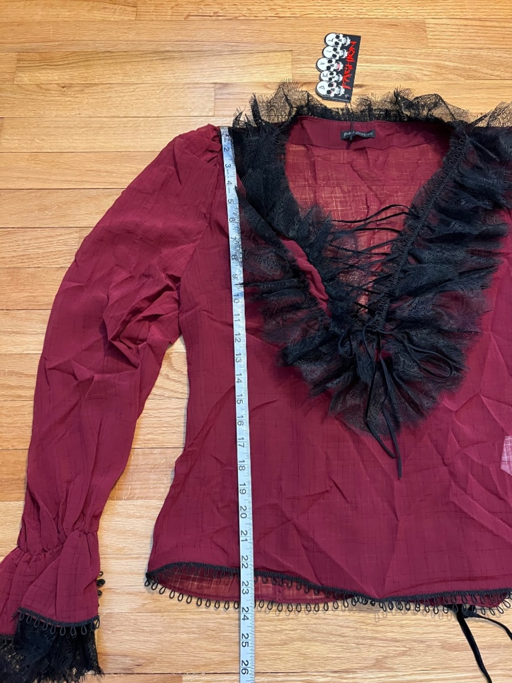 Devil Fashion Maroon Mesh Ruffle Top - Picture 3 of 7